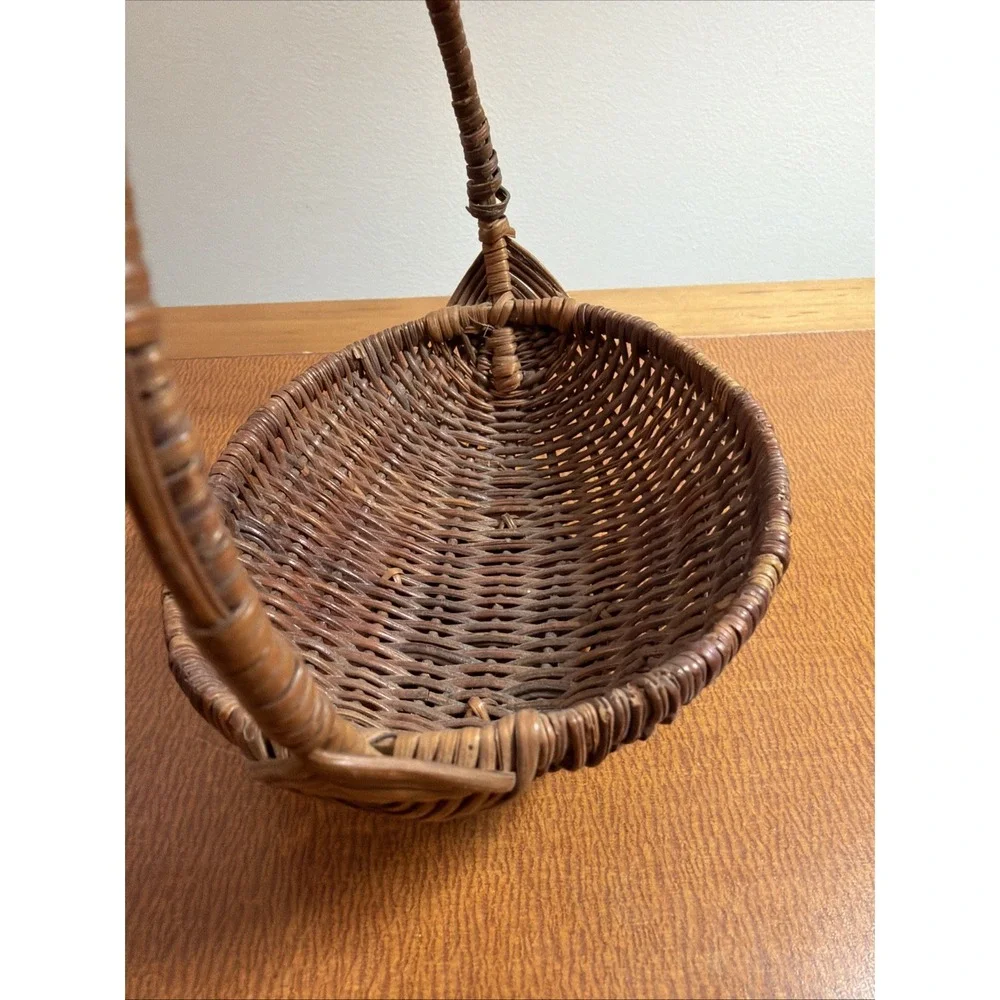 Vtg Woven Wooden Gathering Basket Arched Handle 7